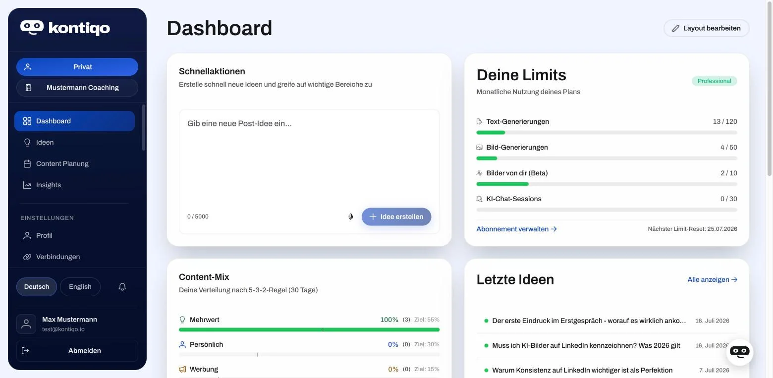 kontiqo Dashboard - Überblick, Limits und Content-Mix