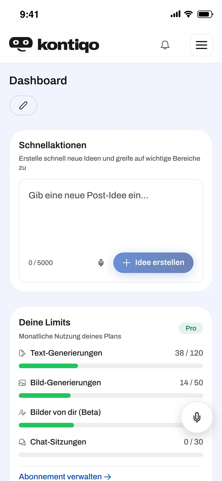 kontiqo auf dem Handy - Dashboard mit Schnellaktion und Limits